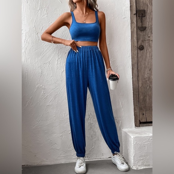 Pants - Square Neck Cropped Tank and Joggers Set Royal Blue